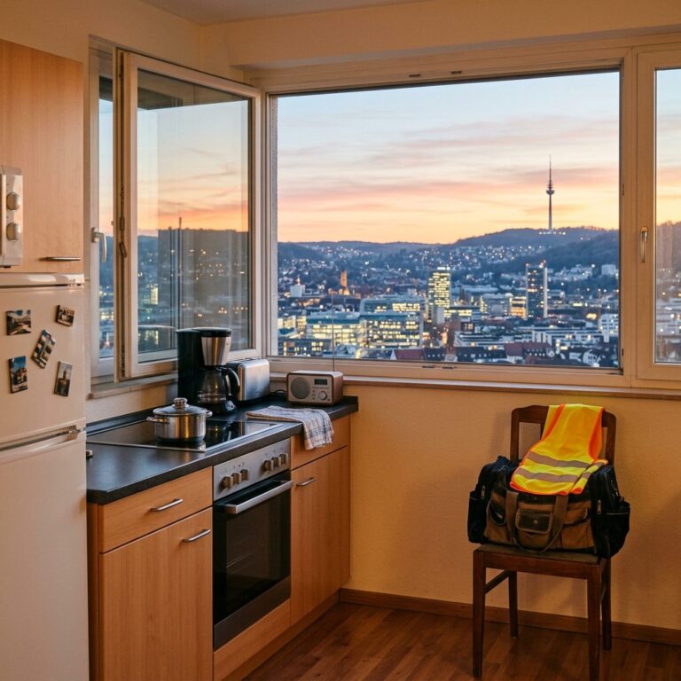 Monteurwohnung in Stuttgart: möblierte Küche mit Blick über den Stuttgarter Talkessel, Warnweste und Arbeitstasche