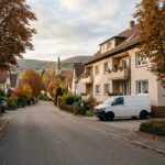 Monteurwohnungen in Göppingen-Faurndau: Wohnstraße mit Mehrfamilienhaus und Handwerker-Transporter im Filstal